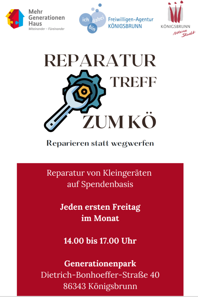 Logo des Reparaturtreffs "ZUM Kö" mit der Zeit und Ort der Veranstaltung